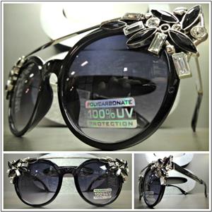 Trendy Crystal Embellished Sunglasses- Black & Silver
