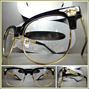 Retro Clubmaster Style Clear Lens Glasses-Black & Gold