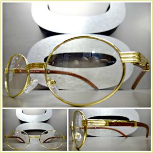 Oval Gold & Wooden Clear Lens Glasses