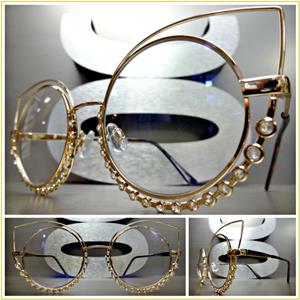 Metal Cat Eye Rhinestone Detail Glasses- Rose Gold Clear Lens