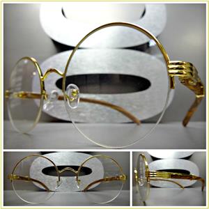 Sleek Round Wooden Frame Clear Lens Glasses- Gold Detail