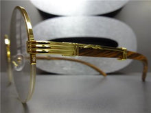 Sleek Round Wooden Frame Clear Lens Glasses- Gold Detail