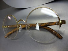 Sleek Round Wooden Frame Clear Lens Glasses- Gold Detail
