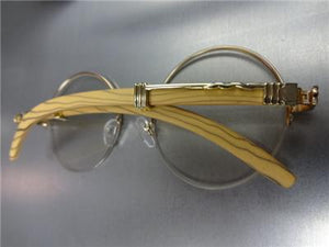 Sleek Round Wooden Frame Clear Lens Glasses- Rose Gold