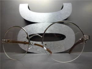 Sleek Round Wooden Frame Clear Lens Glasses- Silver Detail