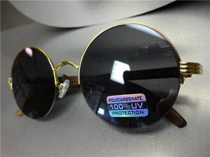 Sleek Round Wooden Frame Sunglasses- Gold Detail/ Black Lens
