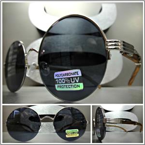 Sleek Round Wooden Frame Sunglasses- Silver Detail/ Black Lens