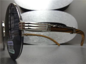 Sleek Round Wooden Frame Sunglasses- Silver Detail/ Black Lens