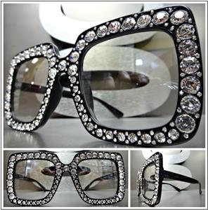 Square Bling Clear Lens Glasses- Black
