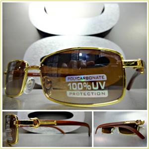 Small Gold Metal Rectangle Sunglasses- Brown Lens