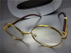 Gold & Wooden Frame Clear Lens Glasses
