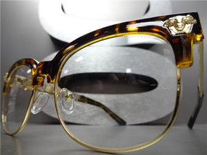 Retro Clubmaster Style Clear Lens Glasses-Tortoise & Gold