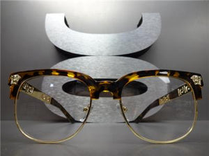 Retro Clubmaster Style Clear Lens Glasses-Tortoise & Gold