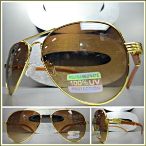 Wooden Style Aviator Sunglasses- Gold Detail/ Brown Lens