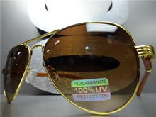 Wooden Style Aviator Sunglasses- Gold Detail/ Brown Lens