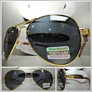 Wooden Style Aviator Sunglasses- Gold Detail/ Dark Lens
