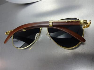 Wooden Style Aviator Sunglasses- Gold Detail/ Dark Lens