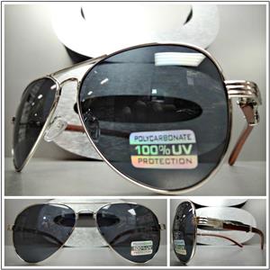 Wooden Style Aviator Sunglasses- Silver Detail/ Dark Lens