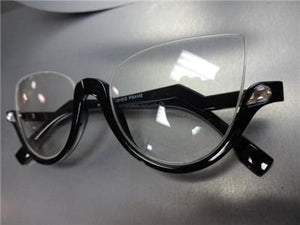 Semi-Rimless Cat Eye Clear Lens Glasses- Black Frame