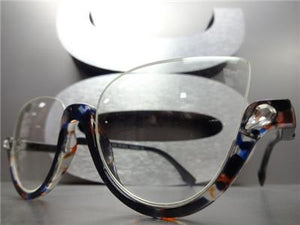 Semi-Rimless Cat Eye Clear Lens Glasses- Multi Color Tortoise Frame