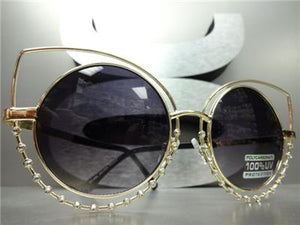 Metal Cat Eye Rhinestone Detail Sunglasses- Gold Frame/ Smoke Lens