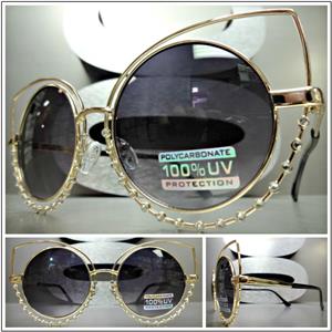 Metal Cat Eye Rhinestone Detail Sunglasses- Gold Frame/ Smoke Lens