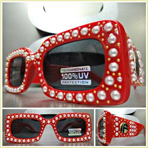 Rectangle Thick Frame Pearl Embellished Sunglasses- Red