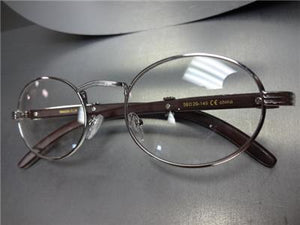 Oval Silver & Wooden Clear Lens Glasses