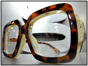Oversized Square Flip-Up Clear Lens Glasses- Beige/ Tortoise