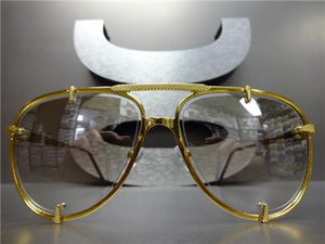Classic Retro Aviator Style Clear Lens Eye Glasses - Gold Metal Frame