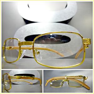 Gold Metal Rectangle Clear Lens Wooden Glasses- Light Wood