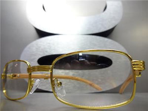 Gold Metal Rectangle Clear Lens Wooden Glasses- Light Wood