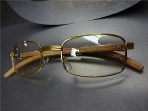 Gold Metal Rectangle Clear Lens Wooden Glasses- Light Wood