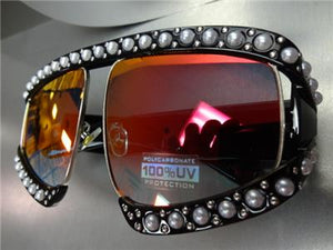 Oversized Pearl Sunglasses- Black Frame/ Mirrored Lens