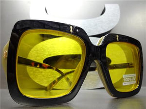 Oversized Square Flip-Up Sunglasses- Beige Frame/ Yellow Lens