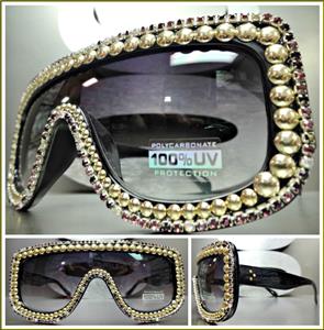 Gold Studded Crystal Bling Shield Sunglasses