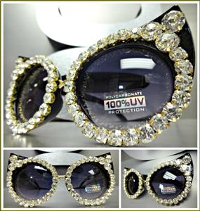 Large Rhinestone Embellished Cat Eye Sunglasses- Black