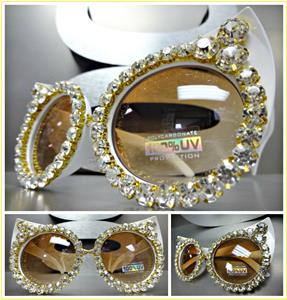 Large Rhinestone Embellished Cat Eye Sunglasses- White