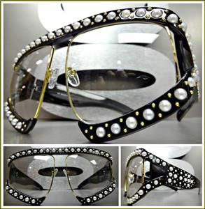 Oversized Pearl Clear Lens Glasses- Black & Gold