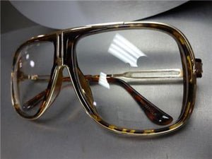 Retro Aviator Clear Lens Glasses- Tortoise & Gold