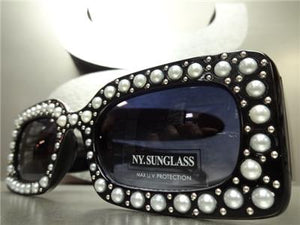Rectangle Thick Frame Pearl Embellished Sunglasses- Black