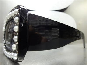 Rectangle Thick Frame Pearl Embellished Sunglasses- Black