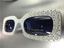 Rectangle Thick Frame Pearl Embellished Sunglasses- White