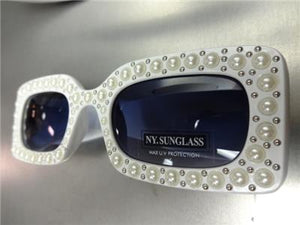 Rectangle Thick Frame Pearl Embellished Sunglasses- White