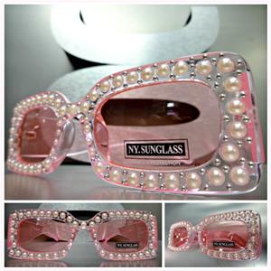 Rectangle Thick Frame Pearl Embellished Sunglasses- Pink