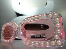 Rectangle Thick Frame Pearl Embellished Sunglasses- Pink
