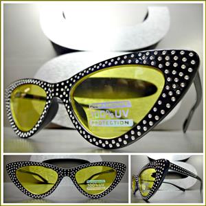 Retro Sparkly Cat Eye Sunglasses- Yellow Lens