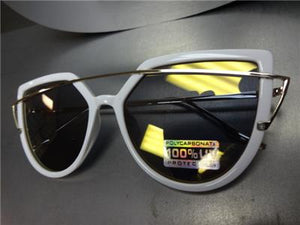 Trendy Mirrored Lens Cat Eye Sunglasses- White Frame/ Gold Lens