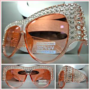 Retro Rhinestone Embellished Sunglasses- Pink w/ Crystal Clear Rhinestones