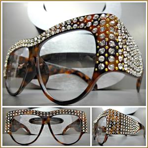 Retro Rhinestone Embellished Clear Lens Glasses- Tortoise Frame